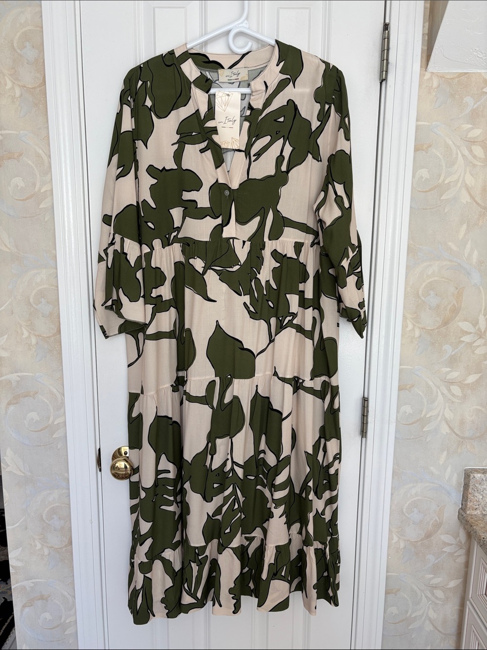 In Italy Olive Green & Beige Leaf-Print Tiered Midi Dress
